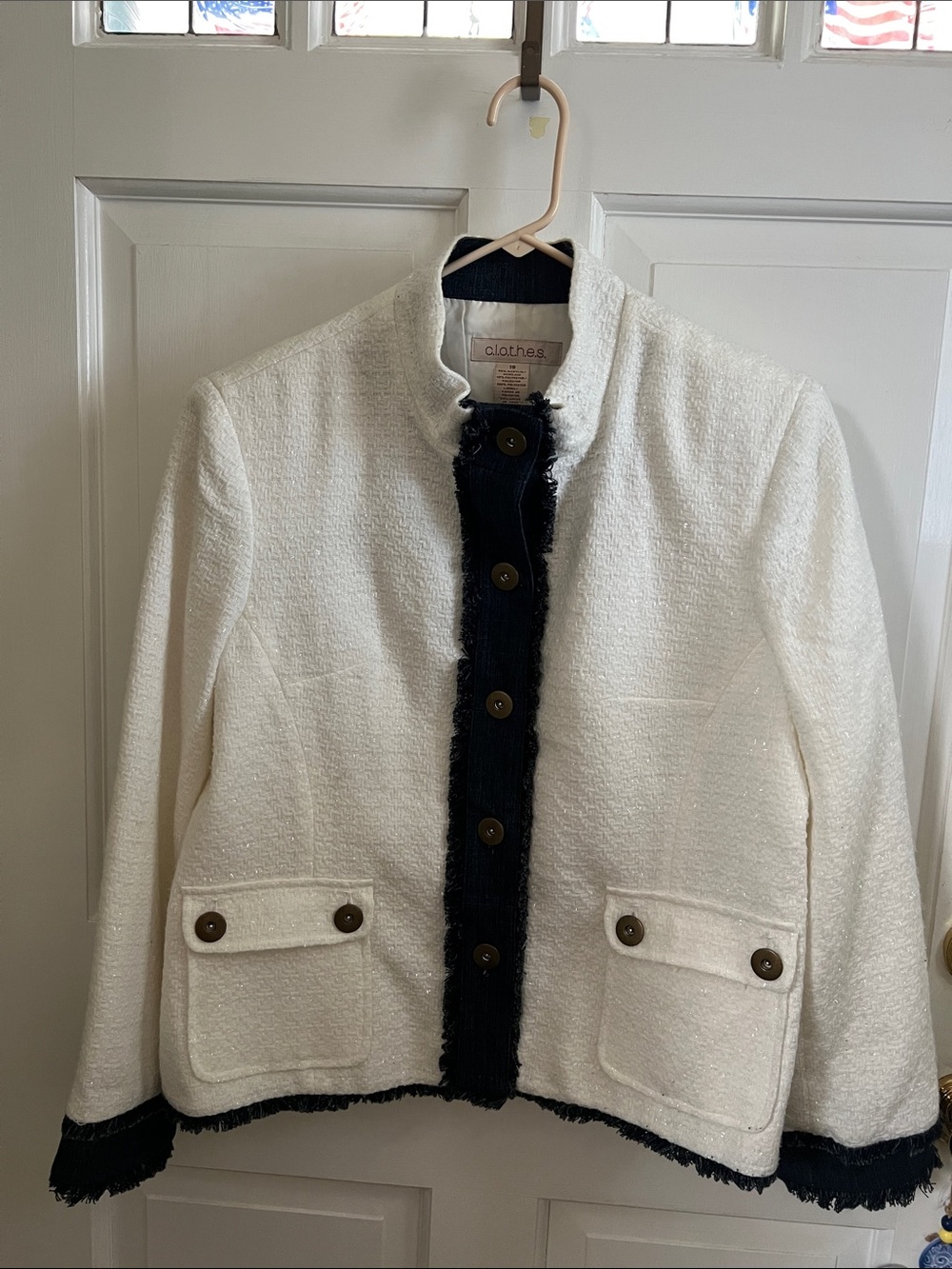 Women’s White Tweed Jacket with Dark Denim Fringe Trim by Clothes